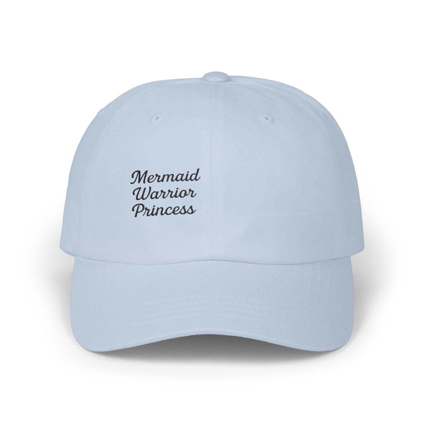Mermaid Warrior Princess Embroidered Classic Dad Hat – Bold Text Hat for Ocean Queens, Fantasy Fans, and Fierce Beach Style. Black Letters