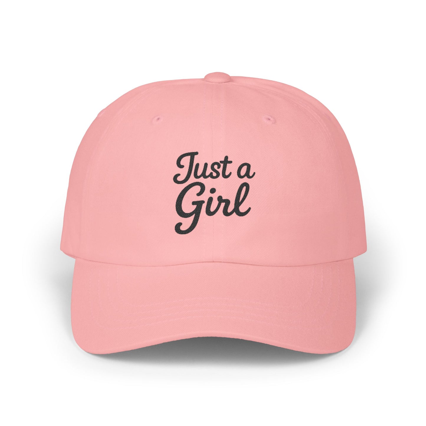 Just a Girl Embroidered Classic Dad Hat – Minimalist Script Baseball Hat with Bold Feminine Energy and Classic Style. Black Letters