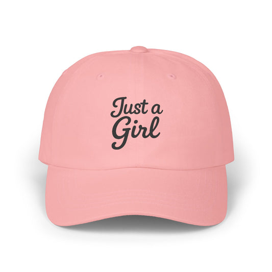 Just a Girl Embroidered Classic Dad Hat – Minimalist Script Baseball Hat with Bold Feminine Energy and Classic Style. Black Letters