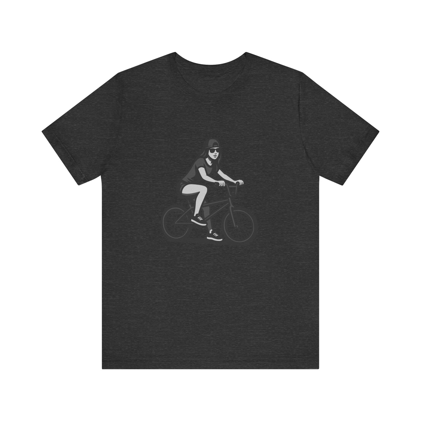 Cool Girl on Bike Graphic T-Shirt – Laid-Back Dark Theme Grayscale Rider Design on Black Tee with Street Style and Subtle Modern Ghost Effect. Unisex Jersey Short Sleeve Tee