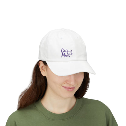 Cat Mom Classic Dad Hat – Embroidered Minimalist Cat Face Hat for Feline-Loving Women with Style. Purple Letters