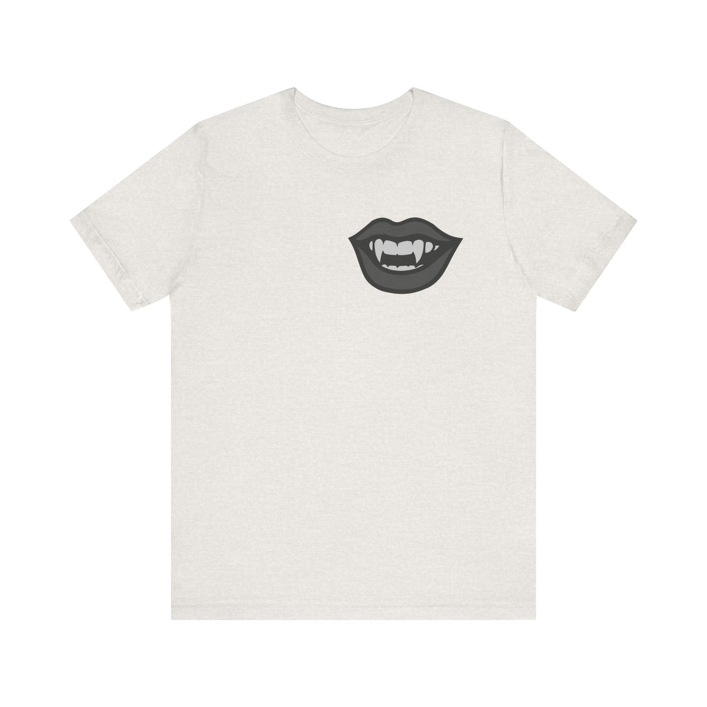 Vampire Mouth Graphic T-Shirt – Dark Theme Grayscale Fanged Lips on Black Tee with Gothic Bite and Modern Ghost Effect. Unisex Jersey Short Sleeve Tee
