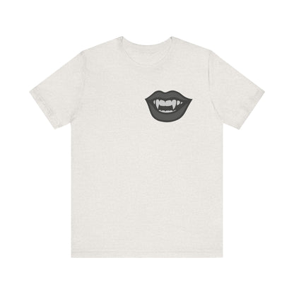 Vampire Mouth Graphic T-Shirt – Dark Theme Grayscale Fanged Lips on Black Tee with Gothic Bite and Modern Ghost Effect. Unisex Jersey Short Sleeve Tee