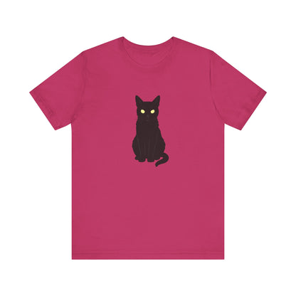 Glowing-Eyed Black Cat Shirt – Dark Theme Feline Stare for Maximum Spook and Minimal Effort. Unisex Jersey Short Sleeve Tee
