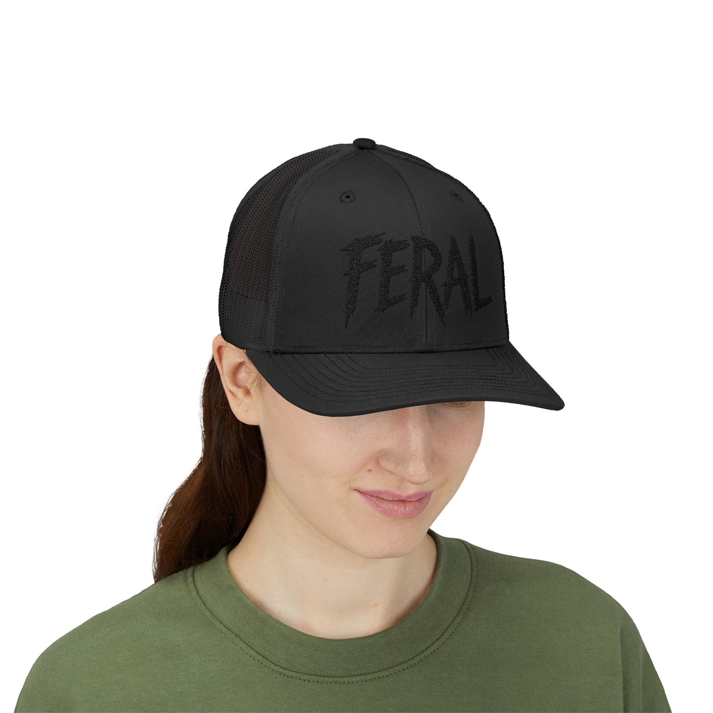 FERAL Embroidered Trucker Hat – Bold Statement Baseball Hat with Wild Energy Font for Rebels, Misfits, and Chaos Enthusiasts