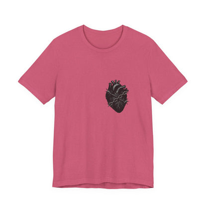 Heart in Chains Shirt – Dark Theme Anatomical Heart Wrapped in Barbed Wire and Commitment Issues. Unisex Jersey Short Sleeve Tee
