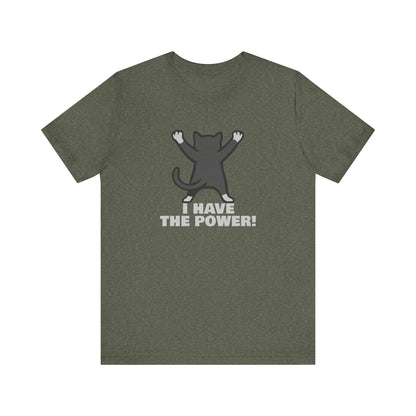 I Have the Power Cat Shirt – Hilarious Victory Pose in Dark Theme Feline Graphic Style. Unisex Jersey Short Sleeve Tee