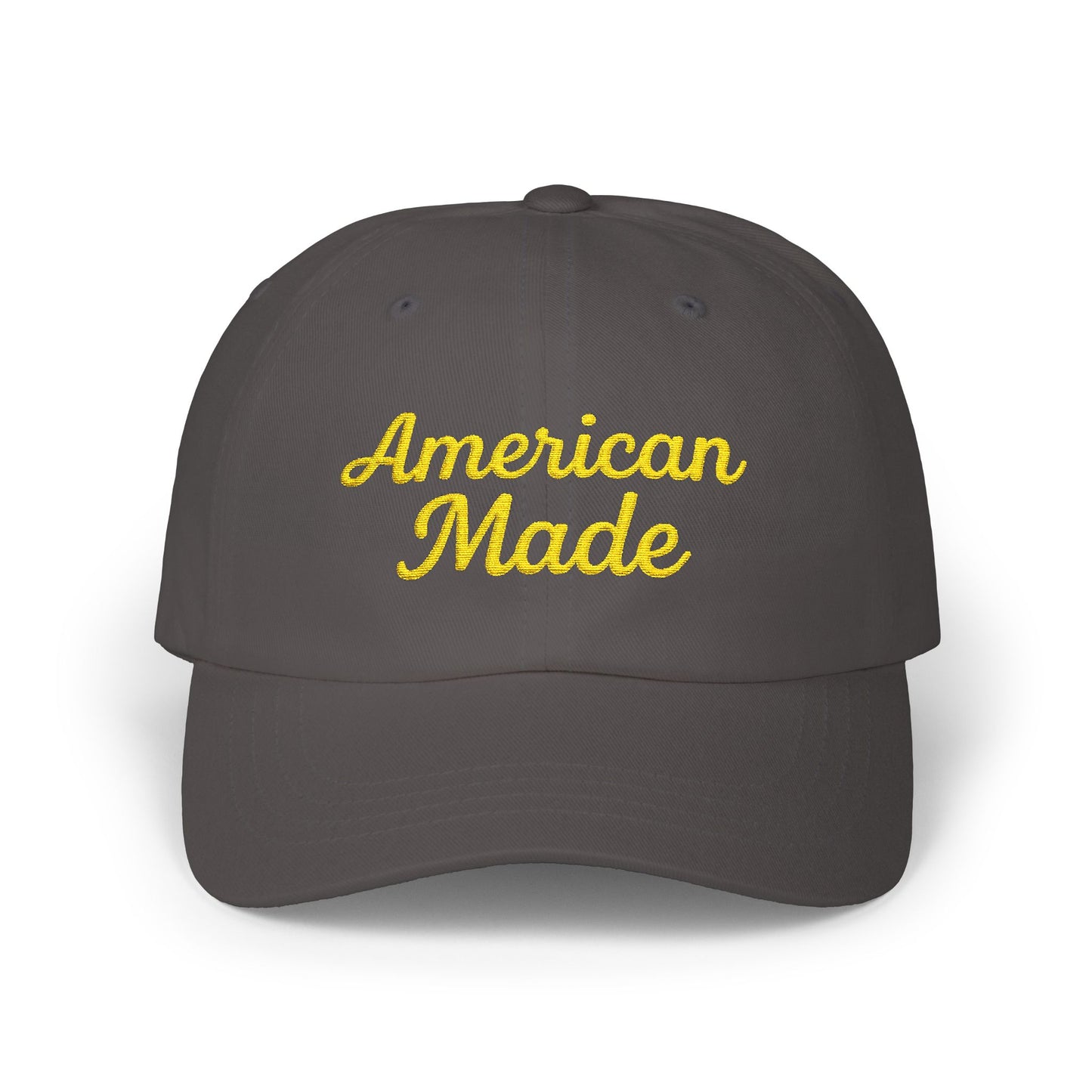 American Made Classic Dad Hat – Embroidered Patriotic Baseball Hat with Retro Script for USA Pride and Everyday Wear.  Yellow letters