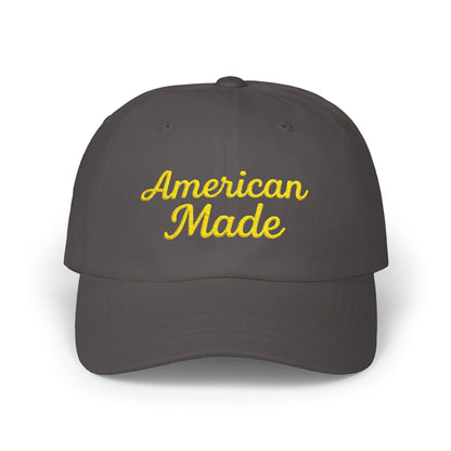 American Made Classic Dad Hat – Embroidered Patriotic Baseball Hat with Retro Script for USA Pride and Everyday Wear.  Yellow letters