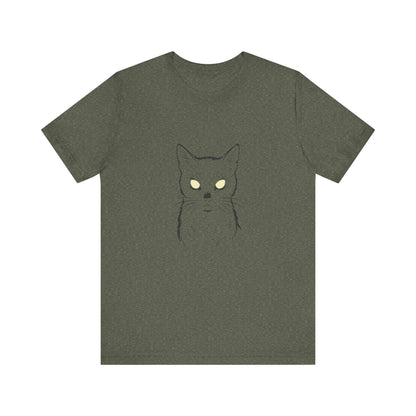 Ghost Cat Eyes Tee – Dark Theme Black Cat Outline with Transparent Face and Glowing Stare. Unisex Jersey Short Sleeve Tee