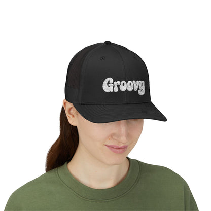 Groovy Trucker Hat – Retro Embroidered Hat with 70s Style Font for Funky Vibes, Chill Days, and Vintage Cool. White Letters