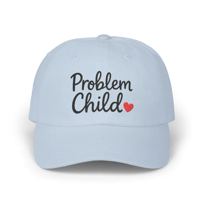 Problem Child Embroidered Classic Dad Hat – Bold Script Baseball Hat with Red Heart for the Unruly and Unapologetic. Black Letters