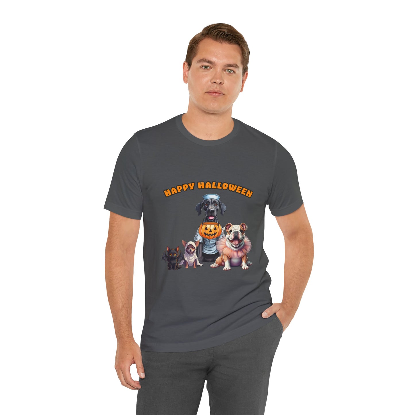 Happy Halloween Pet Parade Shirt – Cute Halloween Dogs and Cat in Costumes. Unisex Jersey Short Sleeve Tee