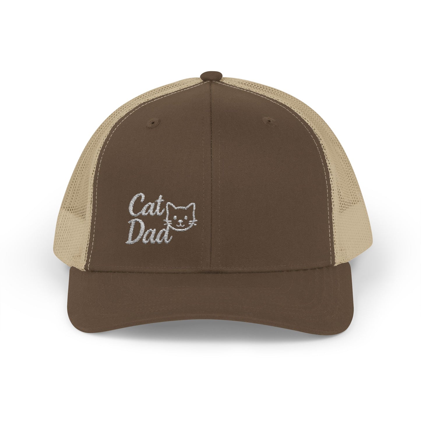Cat Dad Trucker Hat – Embroidered Minimalist Cat Face Hat for Proud Pet Dads and Feline Fans. White Letters