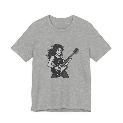Rock Guitar Girl Graphic T-Shirt – Dark Theme Grayscale Electric Guitarist Design on Black Tee with Music Attitude and Modern Ghost Effect. Unisex Jersey Short Sleeve Tee