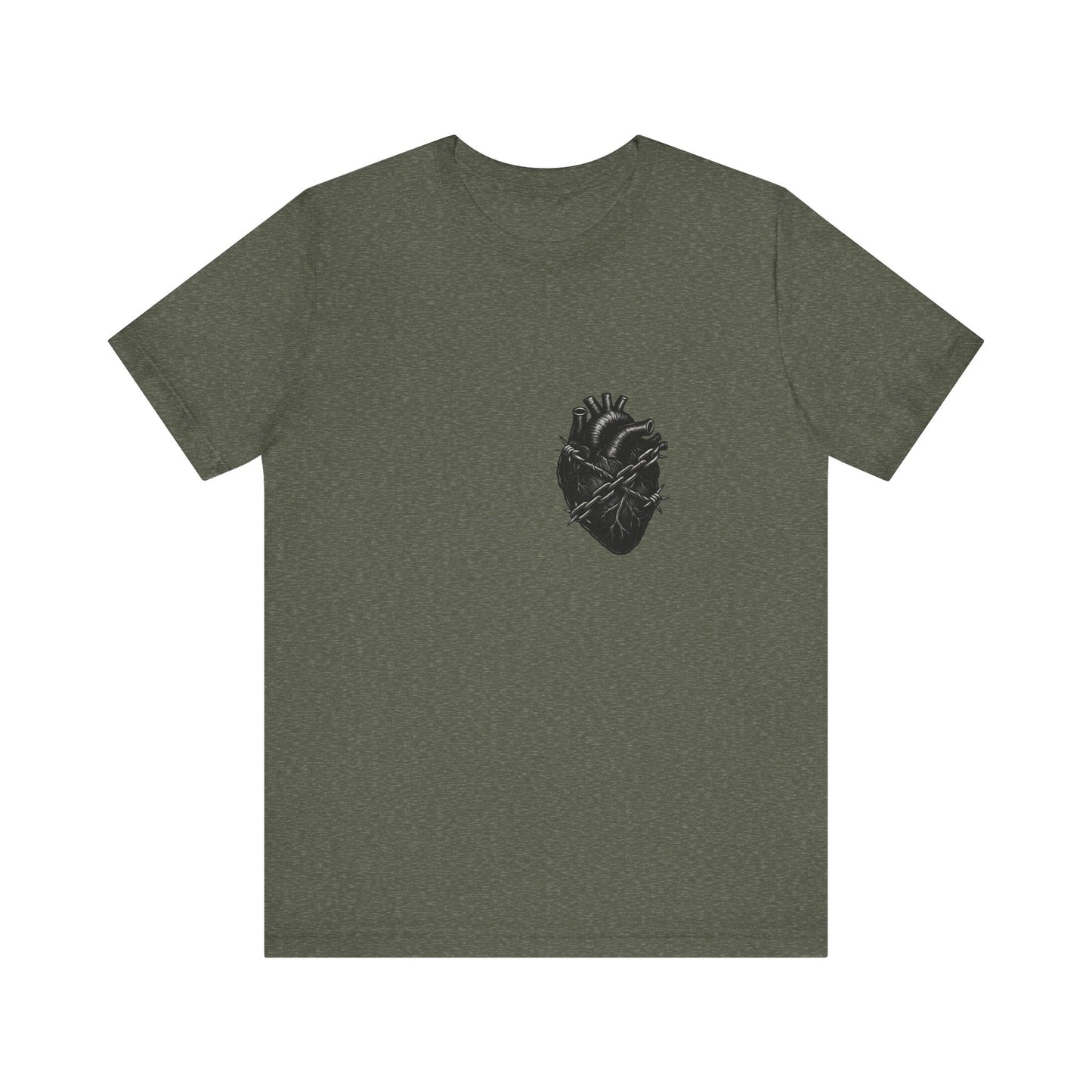 Heart in Chains Shirt – Dark Theme Anatomical Heart Wrapped in Barbed Wire and Commitment Issues. Unisex Jersey Short Sleeve Tee
