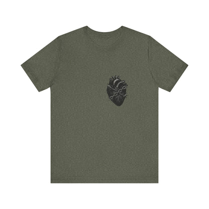 Heart in Chains Shirt – Dark Theme Anatomical Heart Wrapped in Barbed Wire and Commitment Issues. Unisex Jersey Short Sleeve Tee