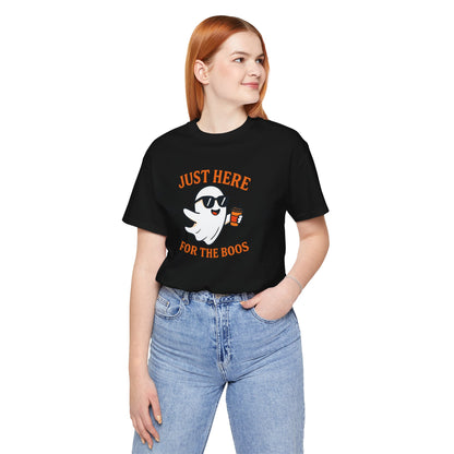 Just Here for the Boos Halloween Shirt – Funny Ghost Drinking Coffee Graphic Tee for Spooky Season