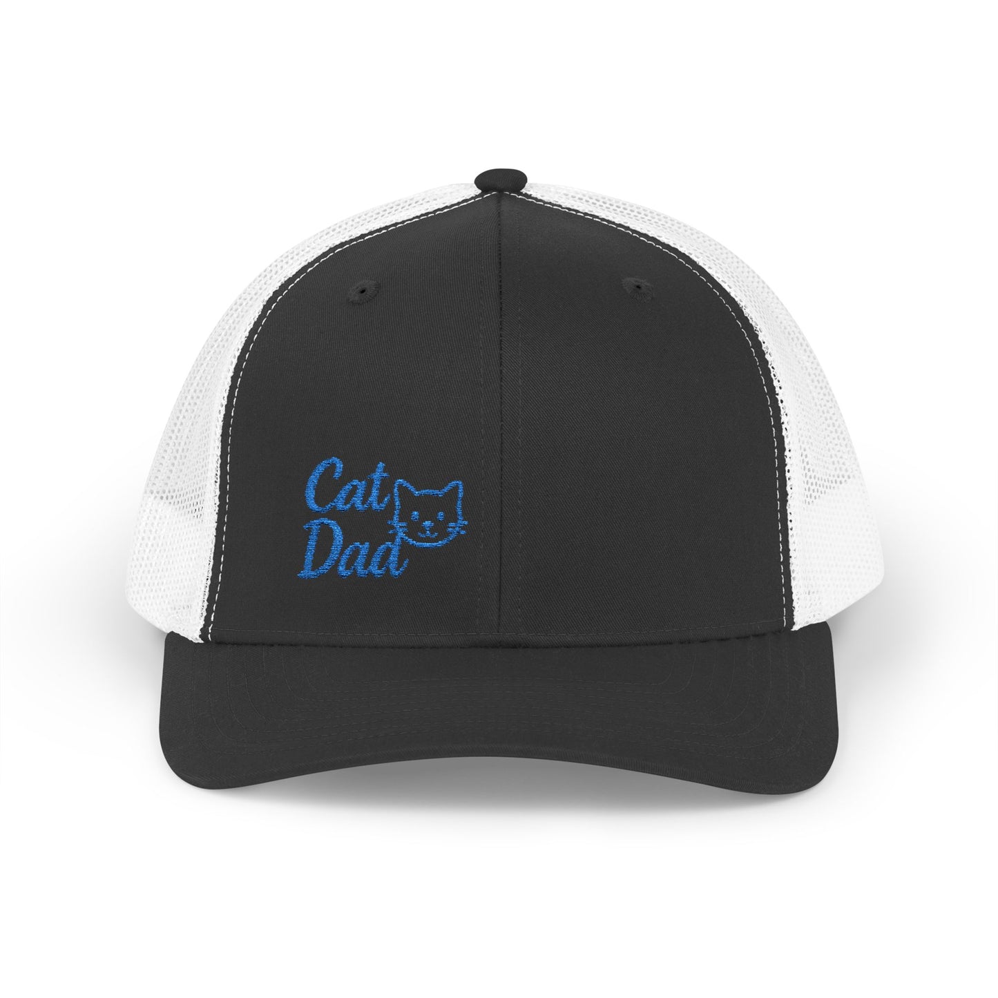 Cat Dad Trucker Hat – Embroidered Minimalist Cat Face Hat for Proud Pet Dads and Feline Fans. Blue Letters