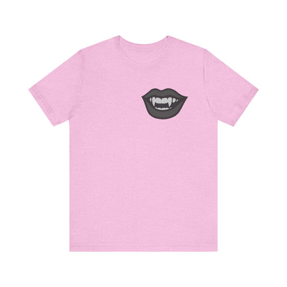 Vampire Mouth Graphic T-Shirt – Dark Theme Grayscale Fanged Lips on Black Tee with Gothic Bite and Modern Ghost Effect. Unisex Jersey Short Sleeve Tee