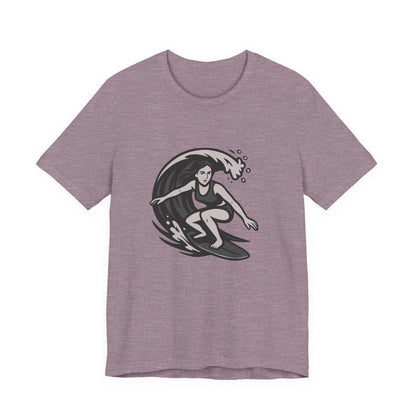 Surf Girl Graphic T-Shirt – Dark Theme Grayscale Female Surfer Riding Wave on Black Tee with Flow State Energy and Modern Ghost Effect. Unisex Jersey Short Sleeve Tee