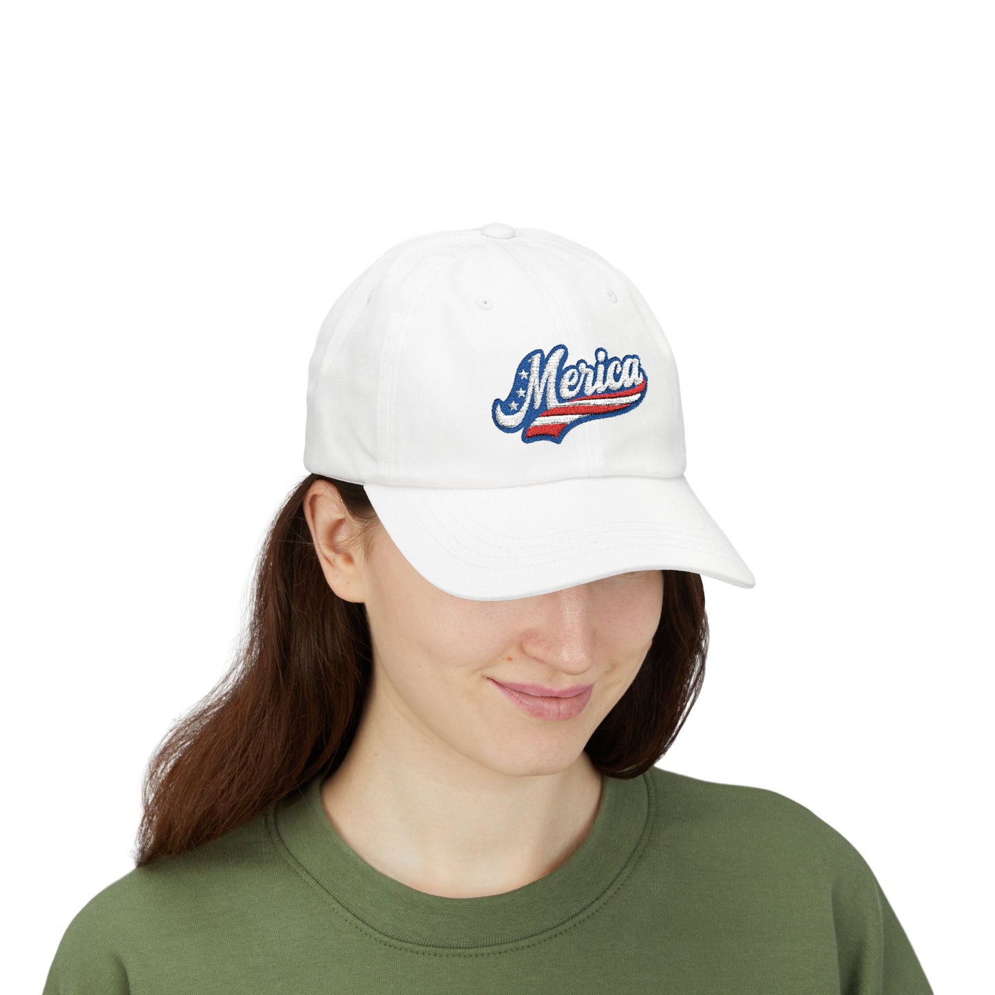 MERICA Embroidered Classic Dad Hat – Patriotic USA Hat with Bold Stars and Stripes Script Design for 4th of July and American Pride
