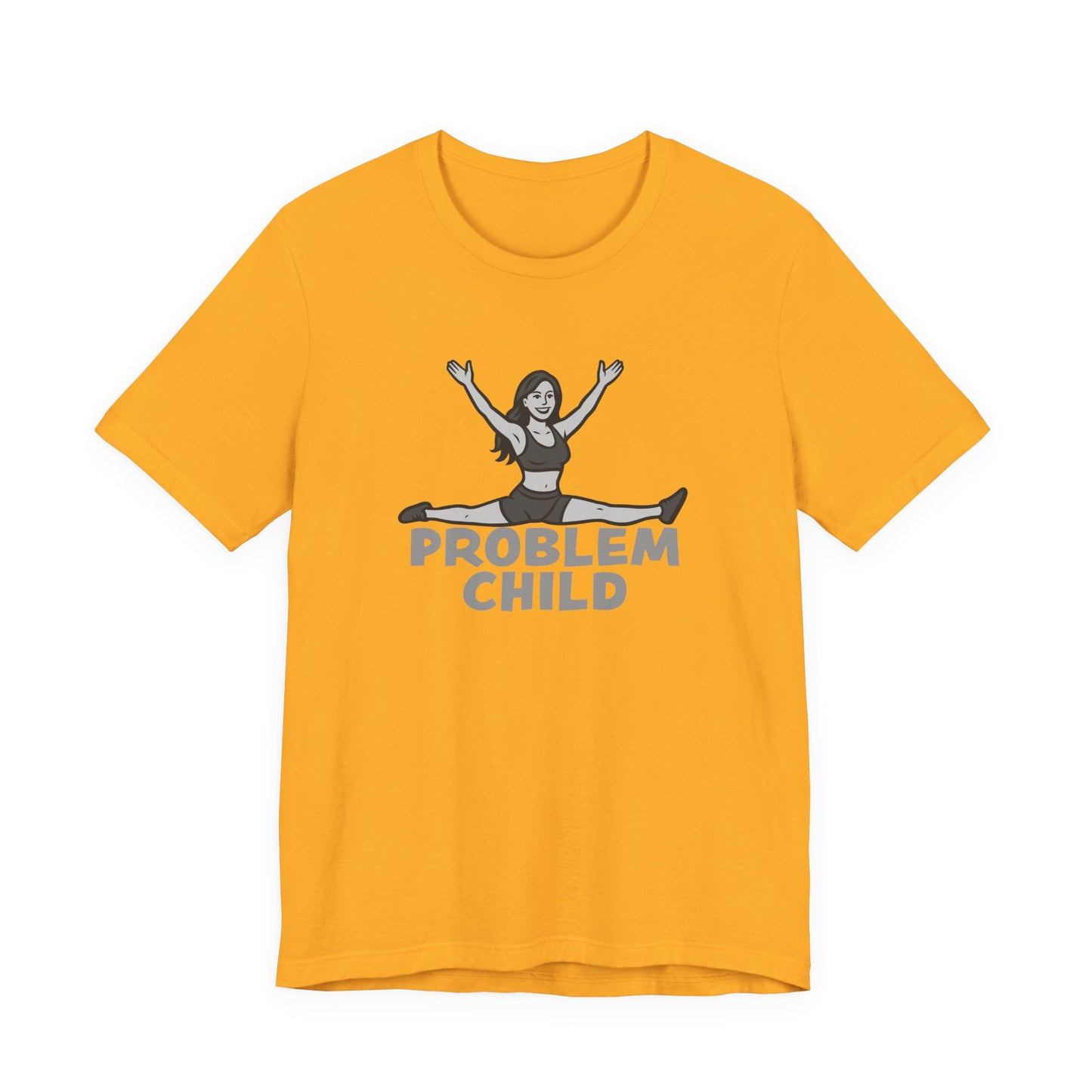 Problem Child Graphic Tee Cheerful Rebel Jump Pose in Bold Dark Theme Monochrome Style. Unisex Jersey Short Sleeve Tee