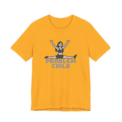 Problem Child Graphic Tee Cheerful Rebel Jump Pose in Bold Dark Theme Monochrome Style. Unisex Jersey Short Sleeve Tee