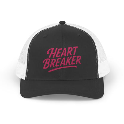 Heartbreaker Trucker Hat – Bold Baseball Hat with Retro Script and Broken Heart Design for Confident Rule-Breakers. Pink Letters
