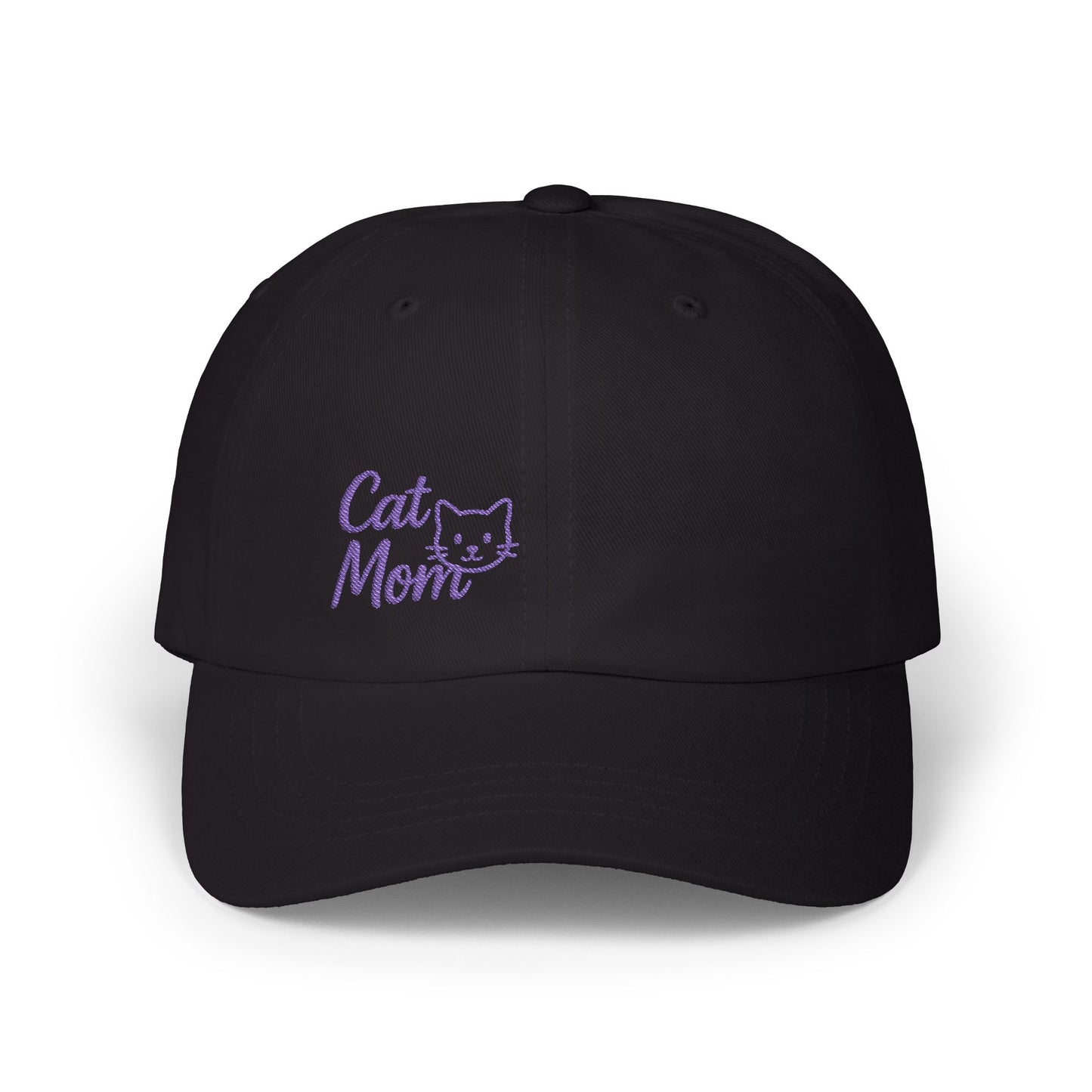 Cat Mom Classic Dad Hat – Embroidered Minimalist Cat Face Hat for Feline-Loving Women with Style. Purple Letters