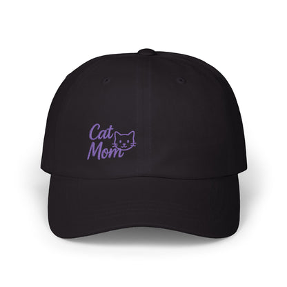 Cat Mom Classic Dad Hat – Embroidered Minimalist Cat Face Hat for Feline-Loving Women with Style. Purple Letters