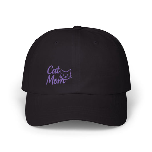 Cat Mom Classic Dad Hat – Embroidered Minimalist Cat Face Hat for Feline-Loving Women with Style. Purple Letters
