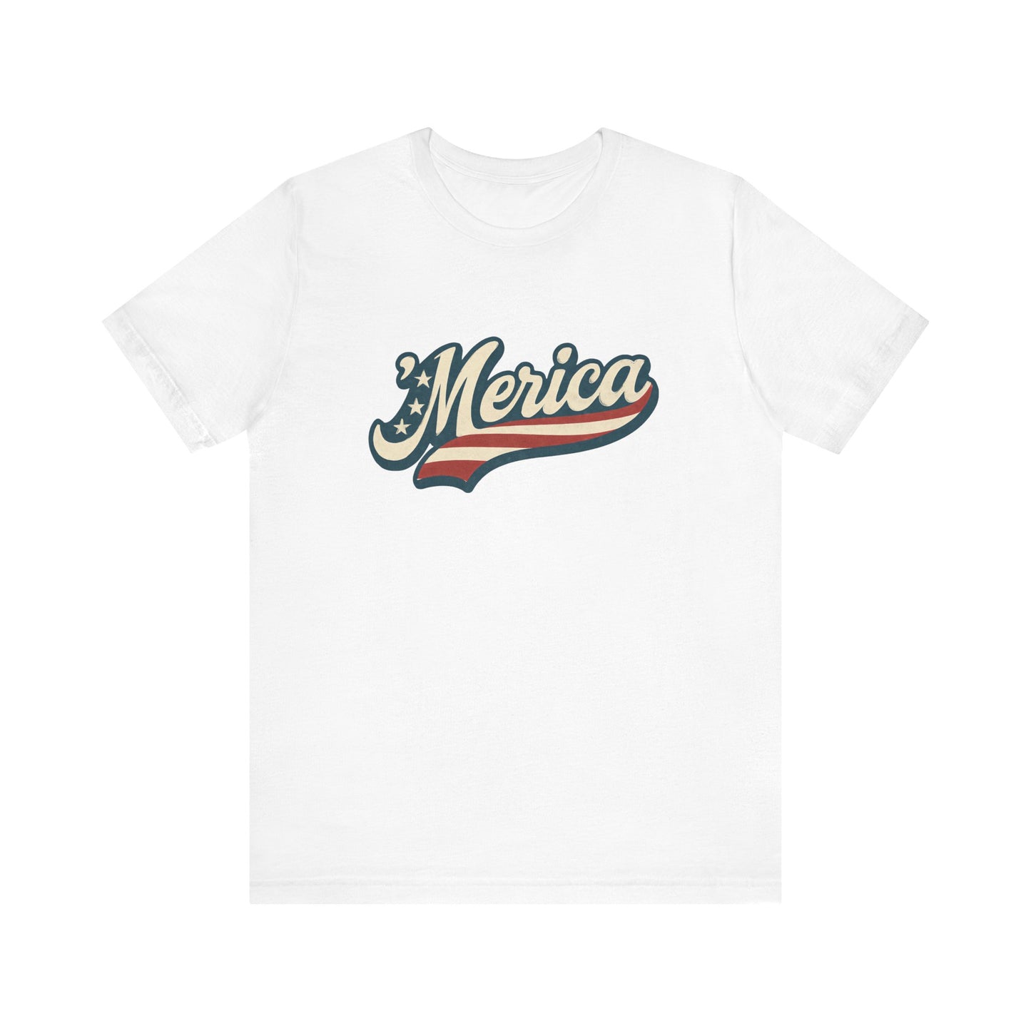 'Merica Vintage Script Shirt – Patriotic Retro USA Tee for 4th of July – Independence Day American Pride Design. Unisex Jersey Short Sleeve Tee