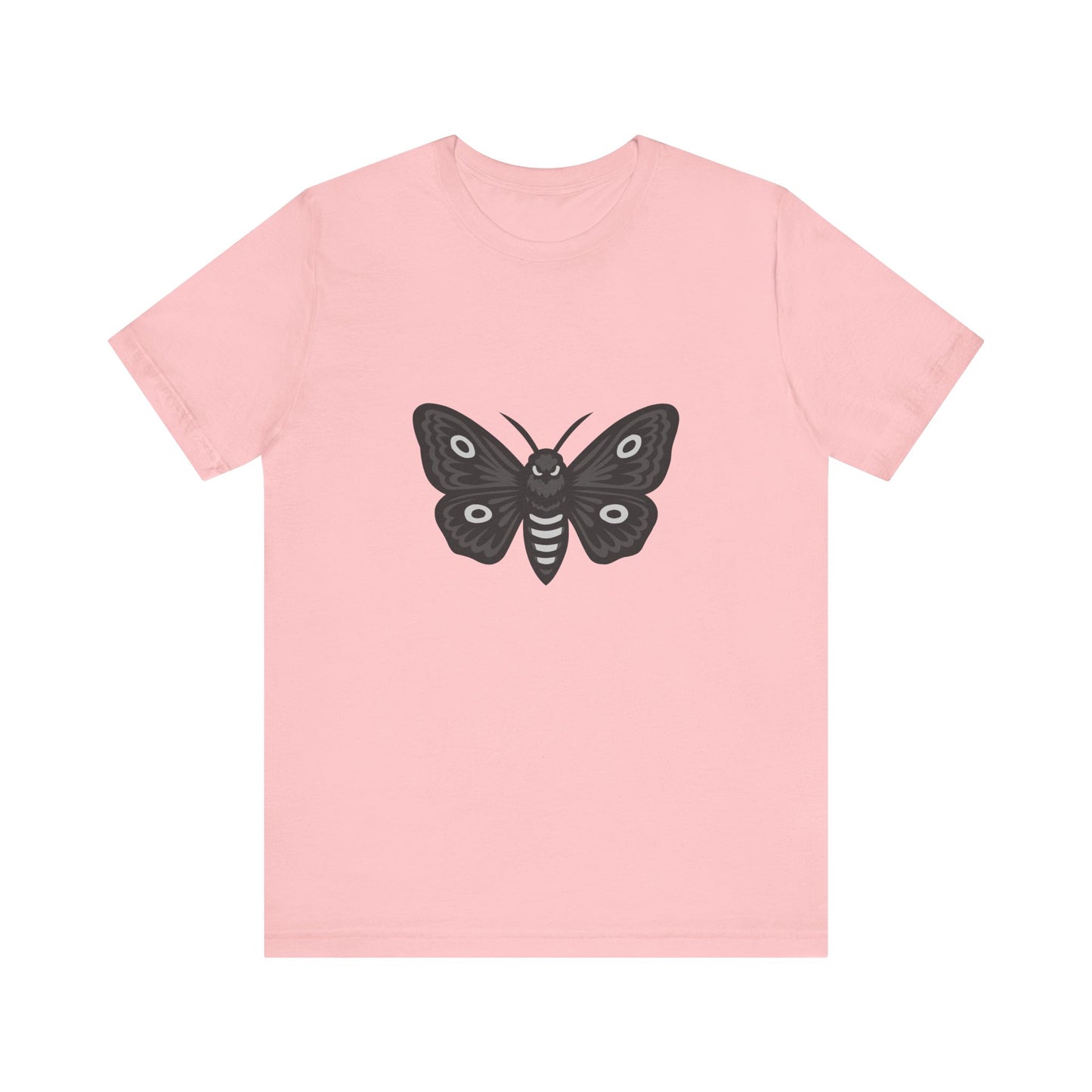 Moth Graphic T-Shirt – Dark Theme Grayscale Winged Insect Design on Black Tee with Gothic Mood and Subtle Modern Ghost Effect. Unisex Jersey Short Sleeve Tee