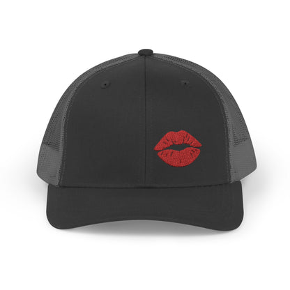 Red Lips Trucker Hat – Embroidered Pop Art Hat with Kiss Design