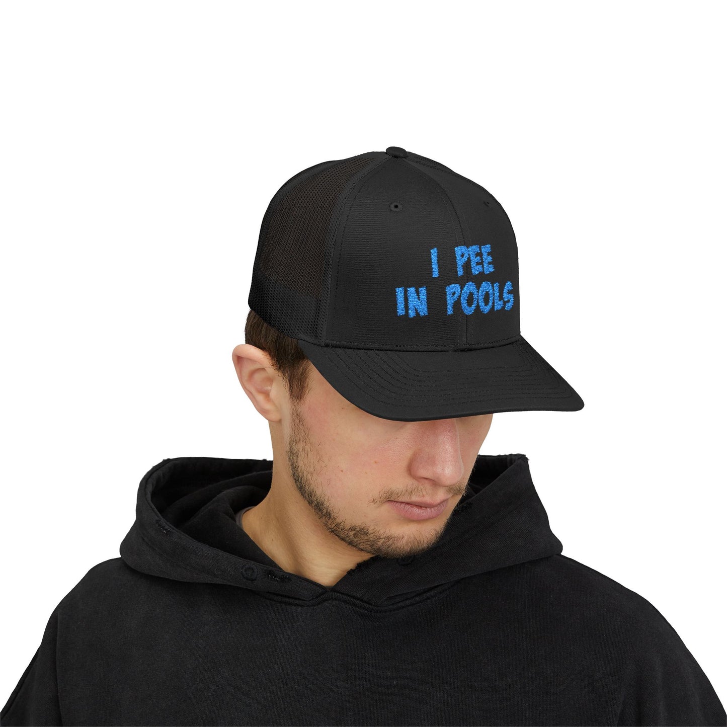 I Pee In Pools Trucker Hat – Funny Hat with Bold Blue Text for Lifeguard Terrors and Poolside Menaces