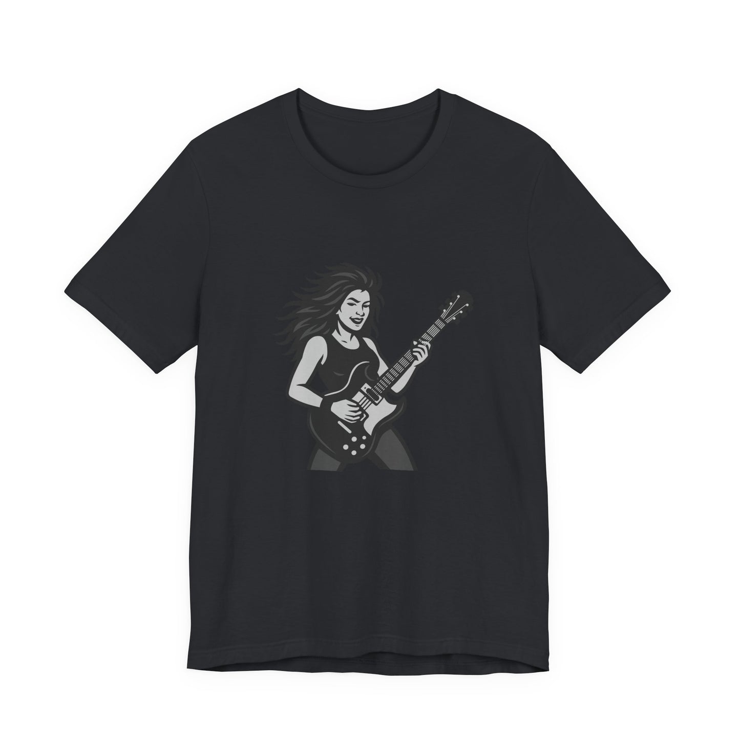 Rock Guitar Girl Graphic T-Shirt – Dark Theme Grayscale Electric Guitarist Design on Black Tee with Music Attitude and Modern Ghost Effect. Unisex Jersey Short Sleeve Tee
