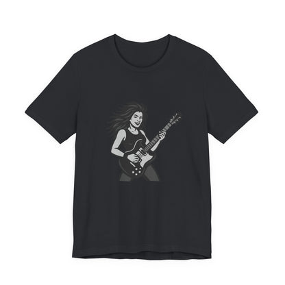 Rock Guitar Girl Graphic T-Shirt – Dark Theme Grayscale Electric Guitarist Design on Black Tee with Music Attitude and Modern Ghost Effect. Unisex Jersey Short Sleeve Tee