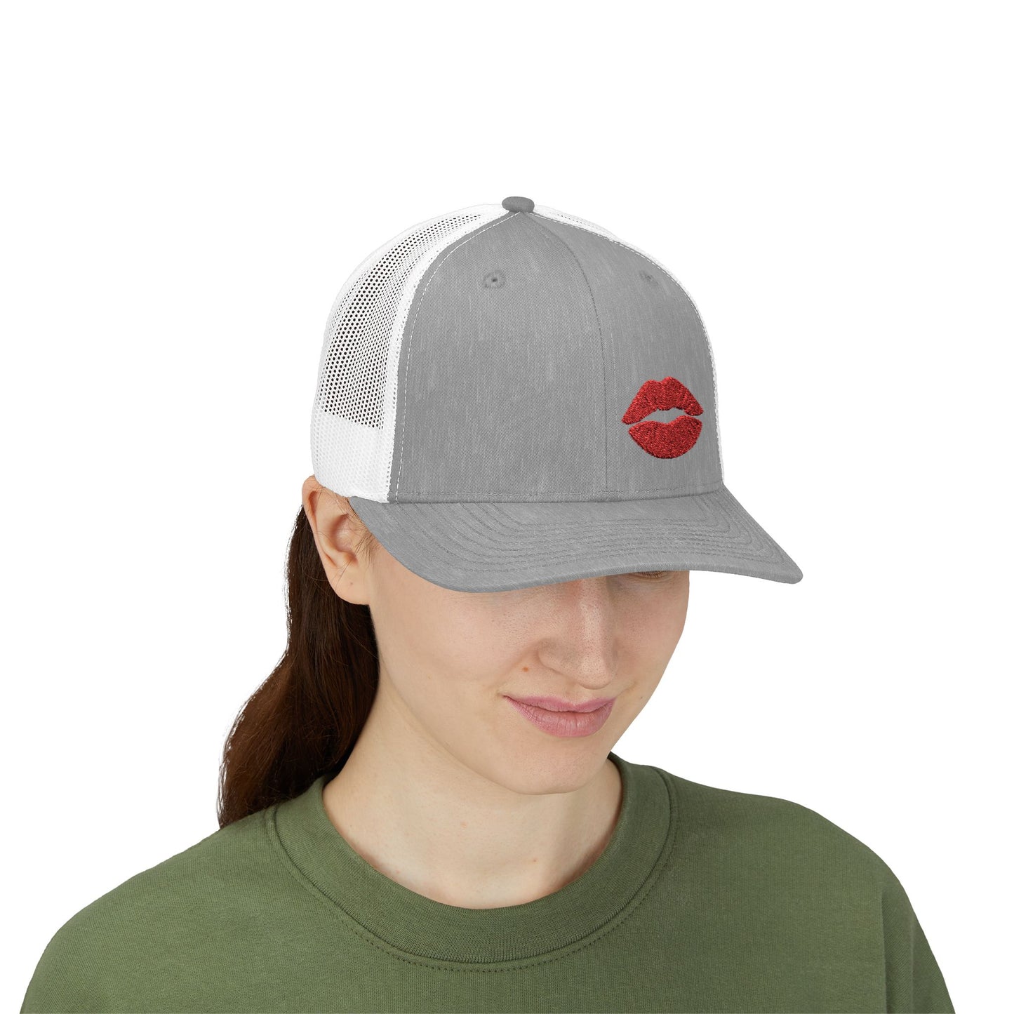 Red Lips Trucker Hat – Embroidered Pop Art Hat with Kiss Design