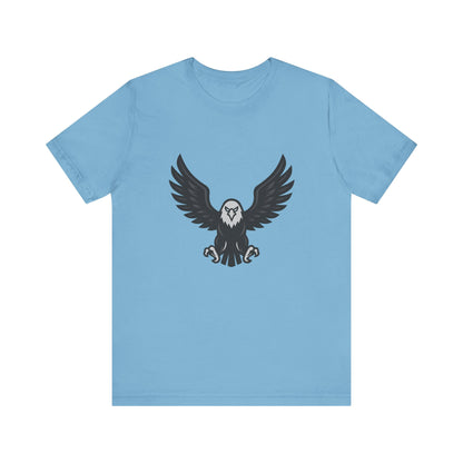 Eagle Wings Graphic T-Shirt – Dark Theme Grayscale Soaring Predator Design on Black Tee with Intensity and Modern Ghost Effect. Unisex Jersey Short Sleeve Tee