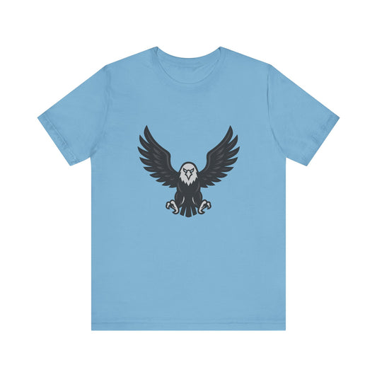 Eagle Wings Graphic T-Shirt – Dark Theme Grayscale Soaring Predator Design on Black Tee with Intensity and Modern Ghost Effect. Unisex Jersey Short Sleeve Tee