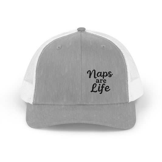 Naps Are Life Trucker Hat – Embroidered Funny Hat for Pro-Level Nappers. Black Letters