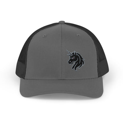 Angry Unicorn Trucker Hat – Embroidered Gothic Fantasy Hat with Red Eyes and Fierce Horned Design