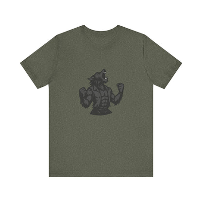 Werewolf Transformation T-Shirt – Dark Theme Grayscale Muscular Monster Design on Black Tee with Savage Energy and Modern Ghost Effect. Unisex Jersey Short Sleeve Tee
