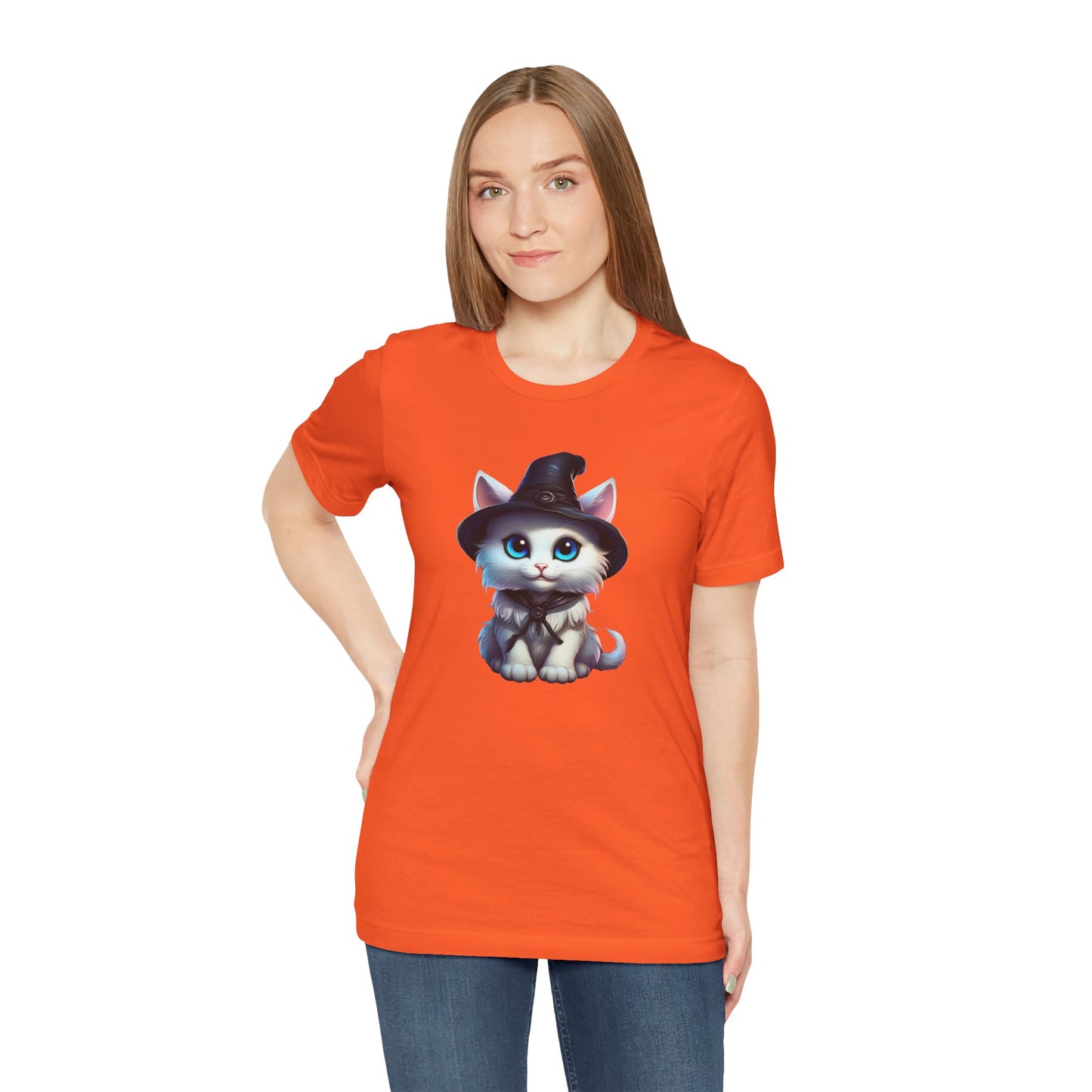 Adorable Witch Cat Halloween Shirt – Cute White Cat in Hat Graphic Tee for Cat Lovers and Halloween Fans