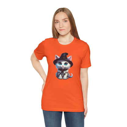 Adorable Witch Cat Halloween Shirt – Cute White Cat in Hat Graphic Tee for Cat Lovers and Halloween Fans