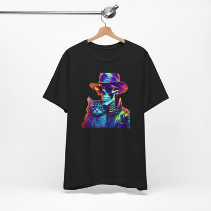Cool Skeleton and Cat Halloween Shirt – Neon Retro Horror Graphic Tee for Spooky Style and Cat Lovers