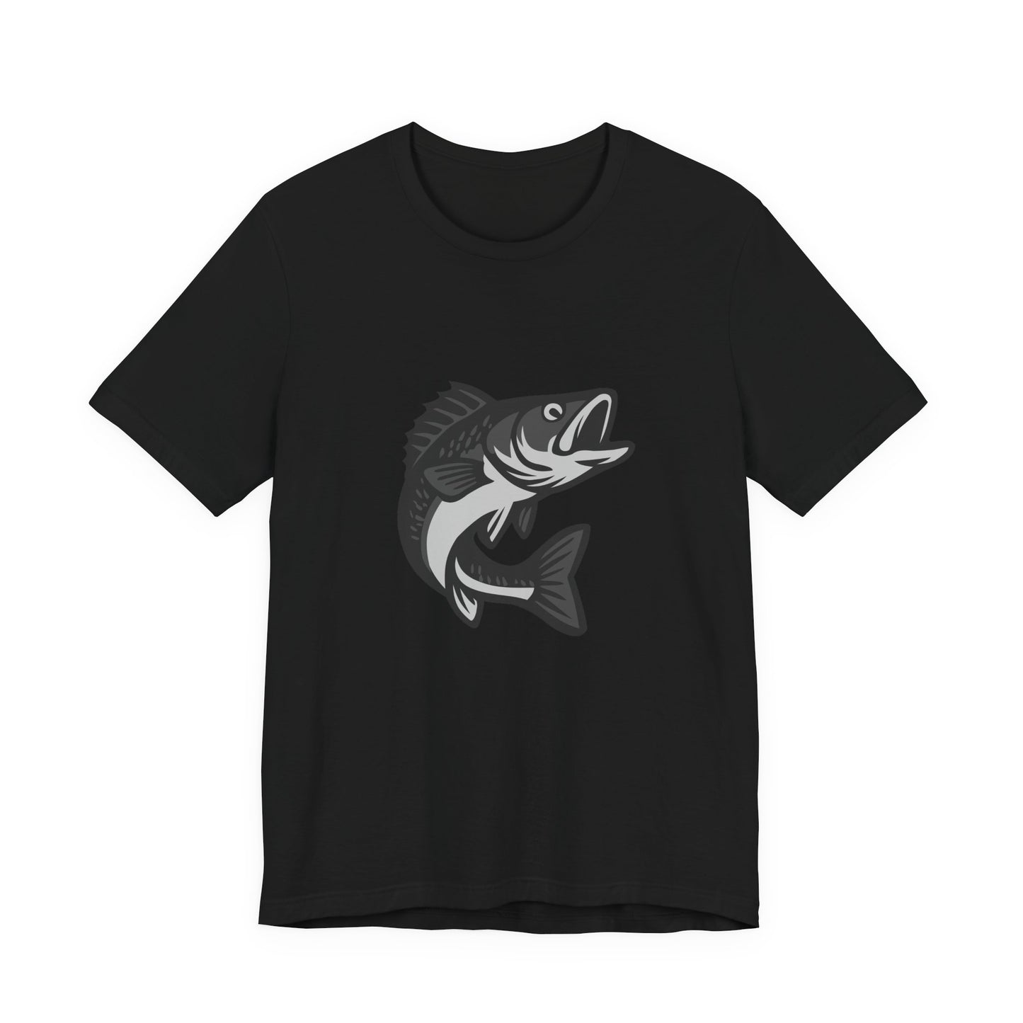 Walleye Fishing Graphic T-Shirt – Dark Theme Grayscale Freshwater Game Fish Design on Black Tee with Angler Energy and Modern Ghost Effect. Unisex Jersey Short Sleeve Tee