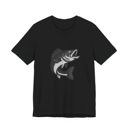 Walleye Fishing Graphic T-Shirt – Dark Theme Grayscale Freshwater Game Fish Design on Black Tee with Angler Energy and Modern Ghost Effect. Unisex Jersey Short Sleeve Tee