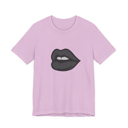 Dark Lips Graphic T-Shirt – Dark Theme Grayscale Biting Lip Design on Black Tee with Subtle Seduction and Modern Ghost Effect. Unisex Jersey Short Sleeve Tee